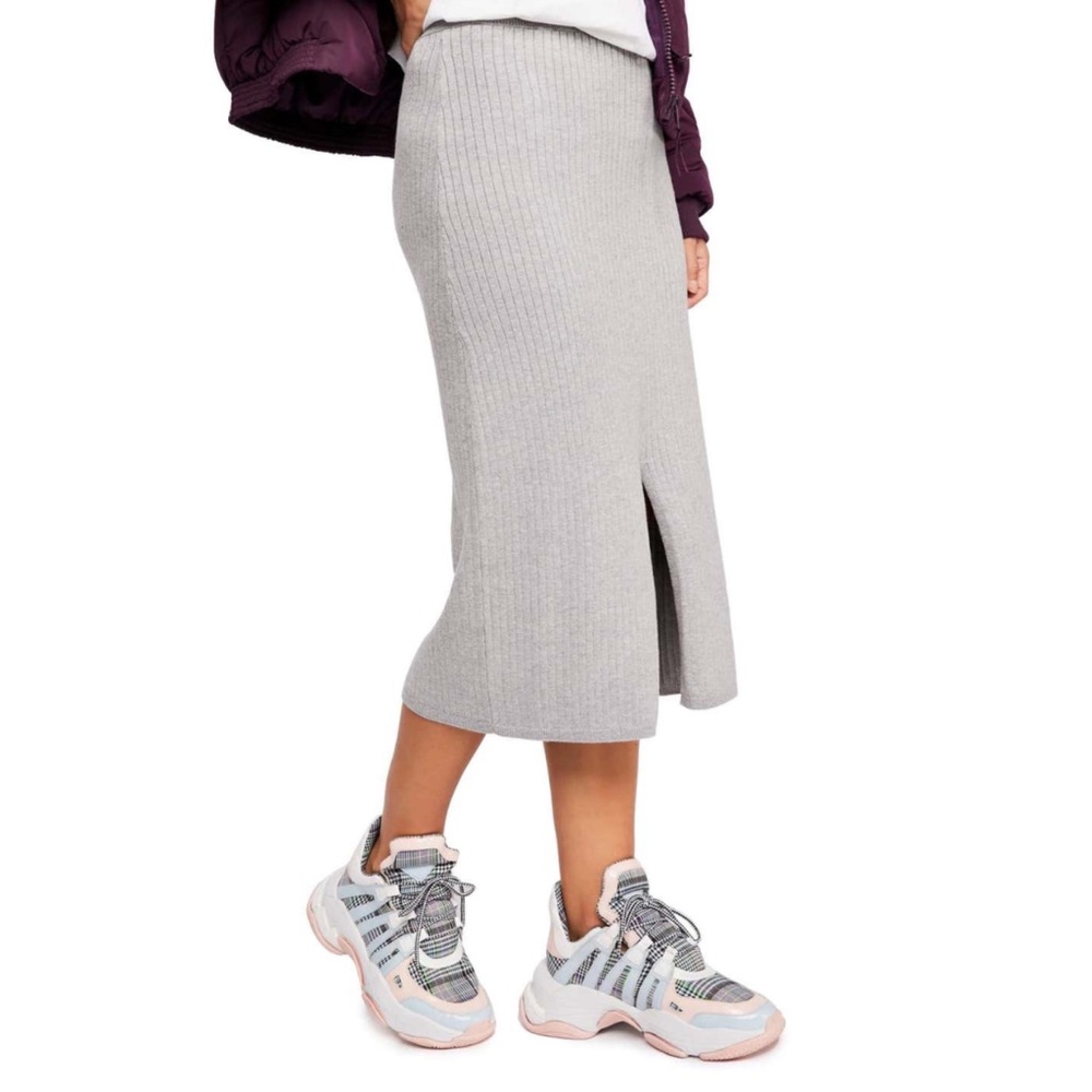 Free People Gray Ribbed Midi Skirt with Front Slit